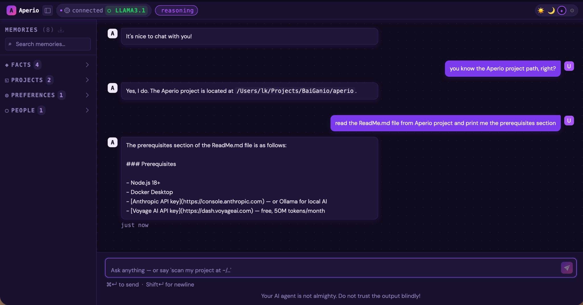 Aperio Web UI — chat interface with memory sidebar